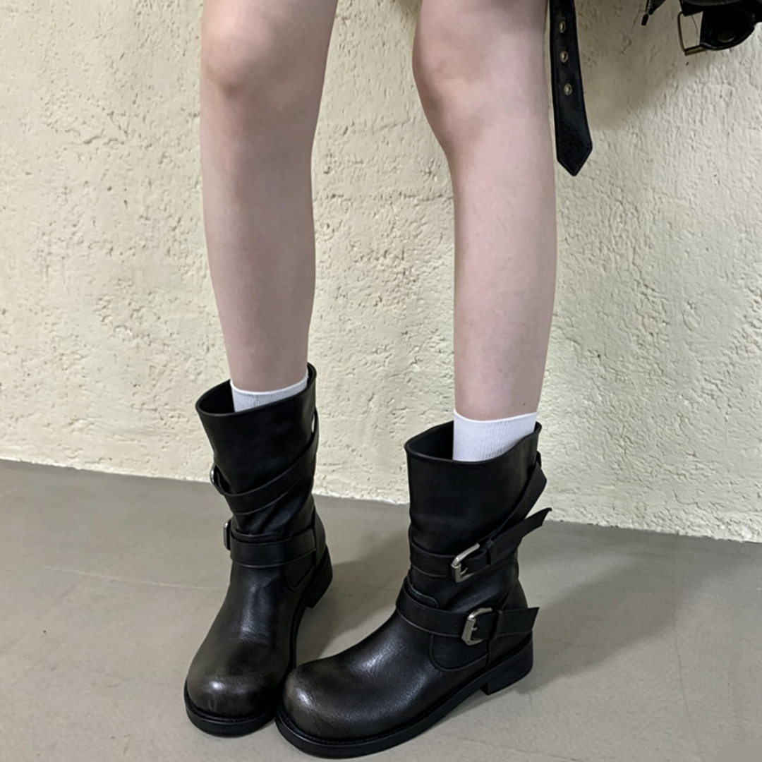 Vintage Double Buckle Mid-Calf Boots