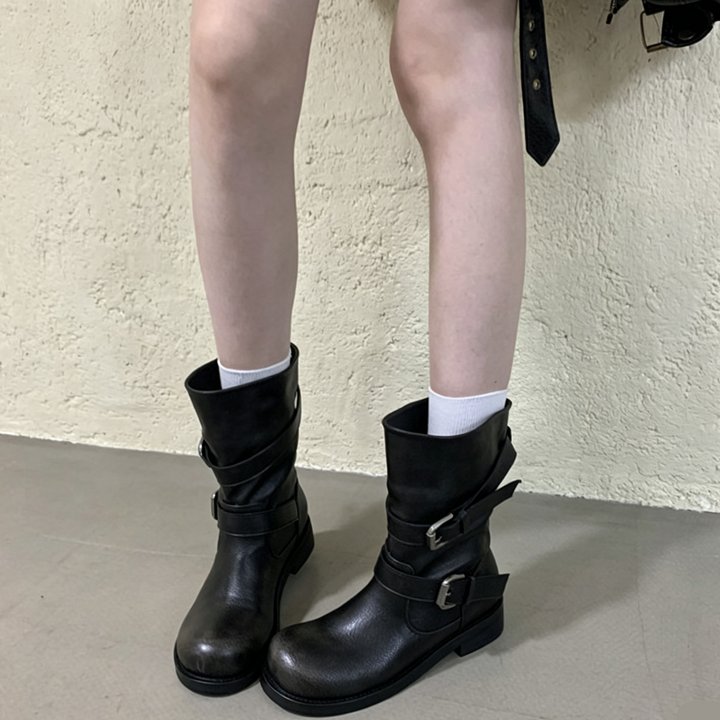 Vintage Double Buckle Mid-Calf Boots