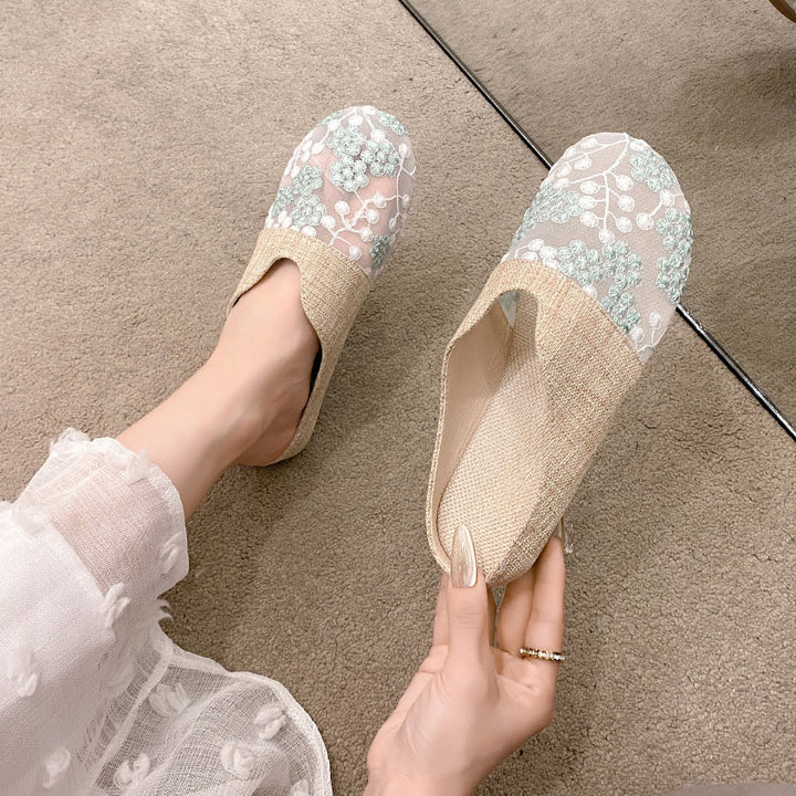 Floral Embroidered Linen Mules