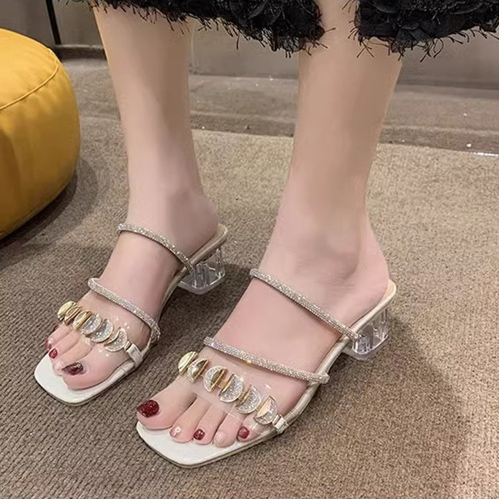 Crystal Strap Transparent Block Heel Sandals