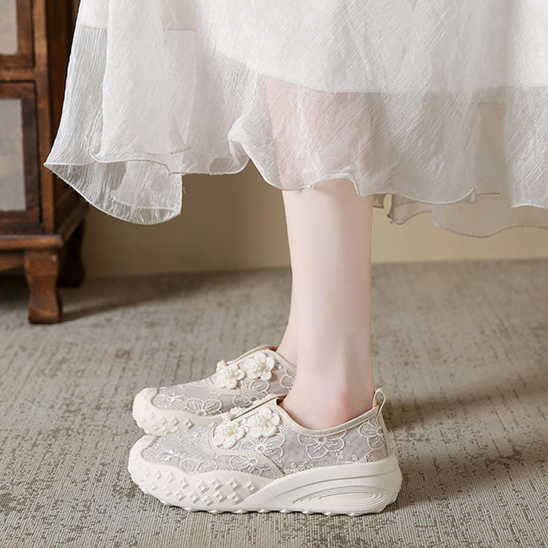 Pearl Floral Mesh Platform Slip-Ons