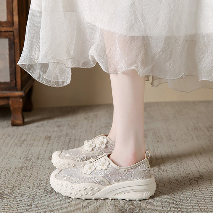 Pearl Floral Mesh Platform Slip-Ons