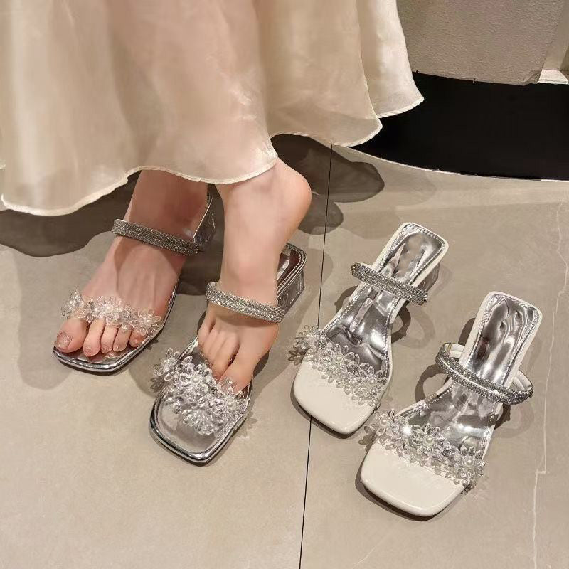 Crystal Floral Low Heel Sandals