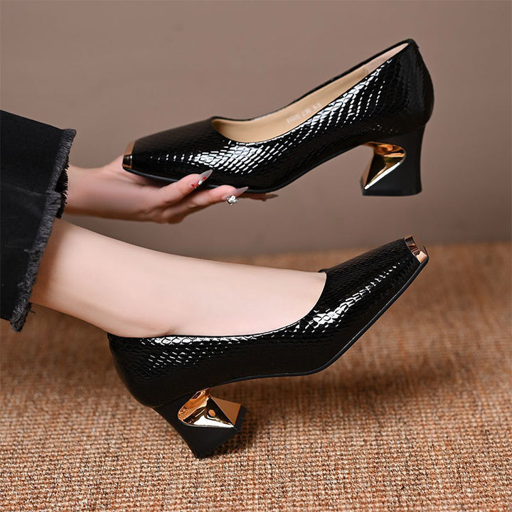 Patent Textured Block Heel Pumps