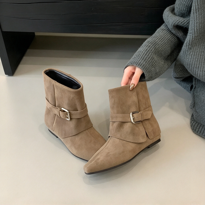 Buckle Strap Suede Ankle Boots