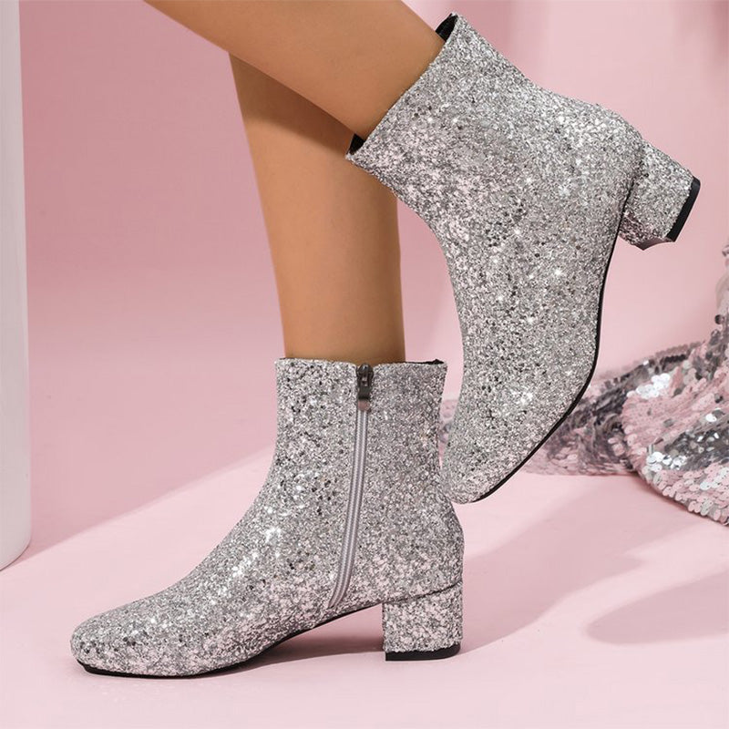 Sparkling Glitter Block Heel Ankle Boots