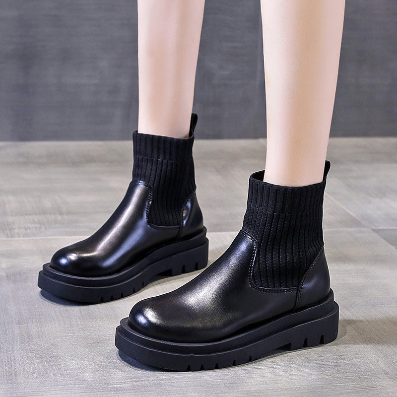 Knitted patchwork platform ankle boots