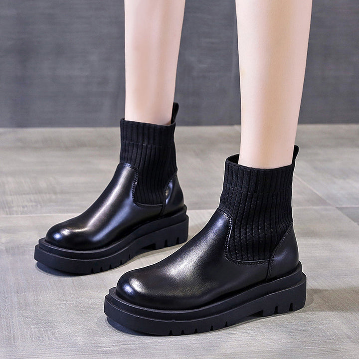 Knitted patchwork platform ankle boots