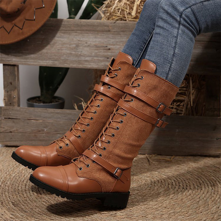 Vintage Denim Lace-Up Knee High Boots