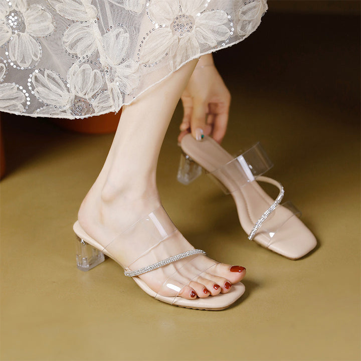 Crystal Strap Clear Block Heel Sandals