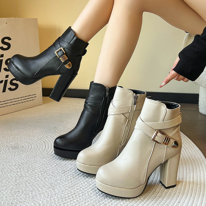 Buckle Strap Platform Block Heel Ankle Boots
