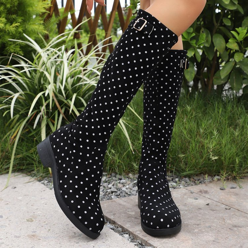 Polka Dot Buckle Knee-High Boots