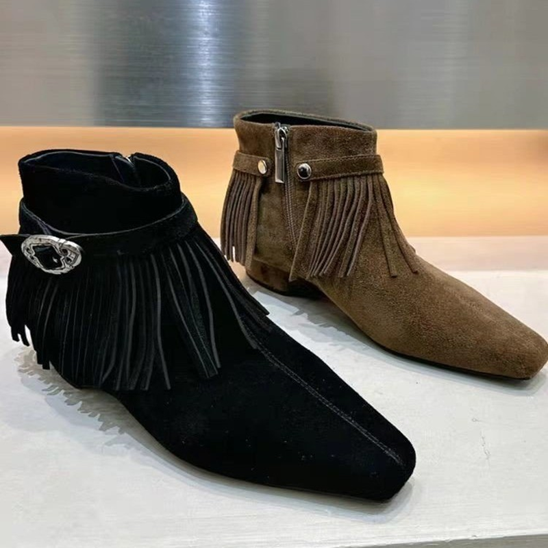 Fringe Buckle Pointed Toe Ankle Boots