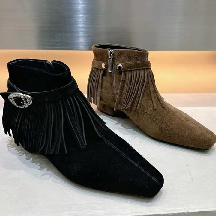 Fringe Buckle Pointed Toe Ankle Boots