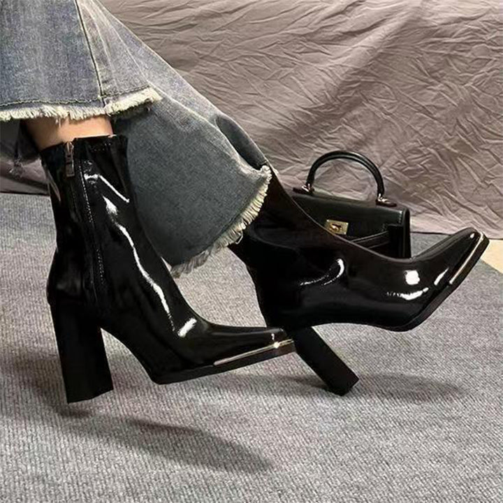 Glossy Patent Block Heel Ankle Boots