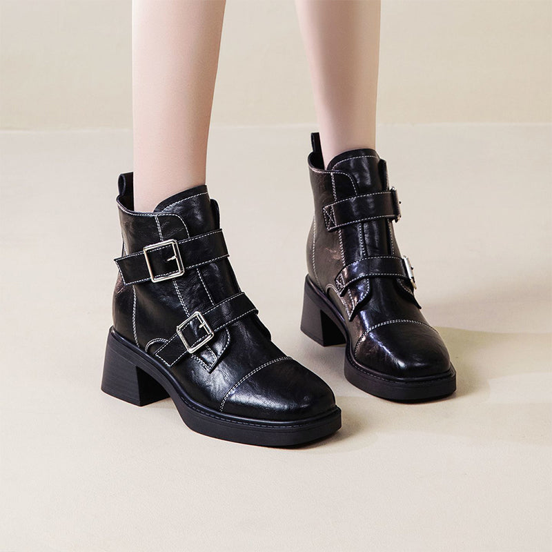 Double Buckle Block Heel Ankle Boots