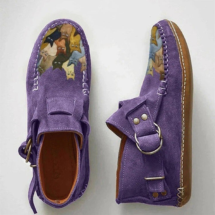 Vintage Purple Suede Cat Print Loafers