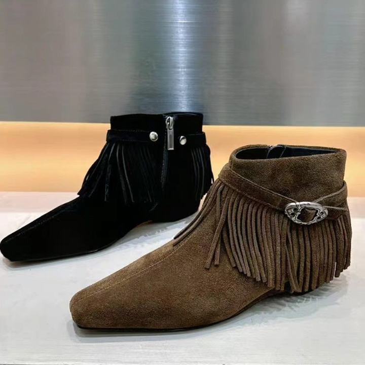 Fringe Buckle Pointed Toe Ankle Boots