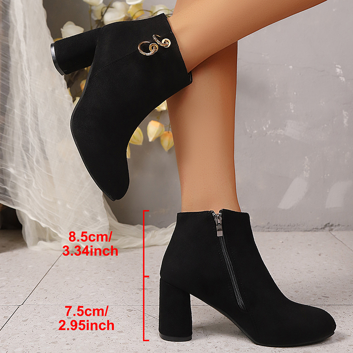 Suede-Look Metal Ring Block Heel Ankle Boots