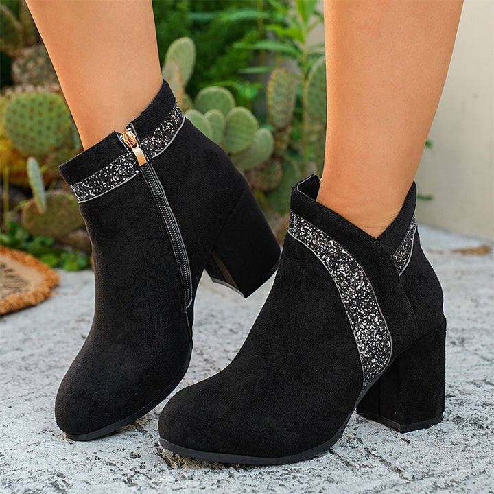 Glitter Accent Block Heel Ankle Boots
