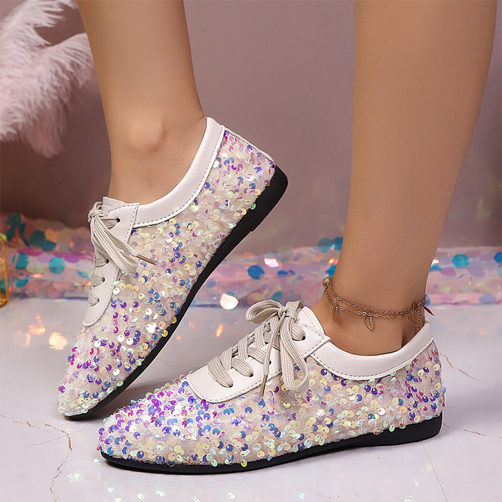 Sparkling Sequin Lace-Up Flat Shoes