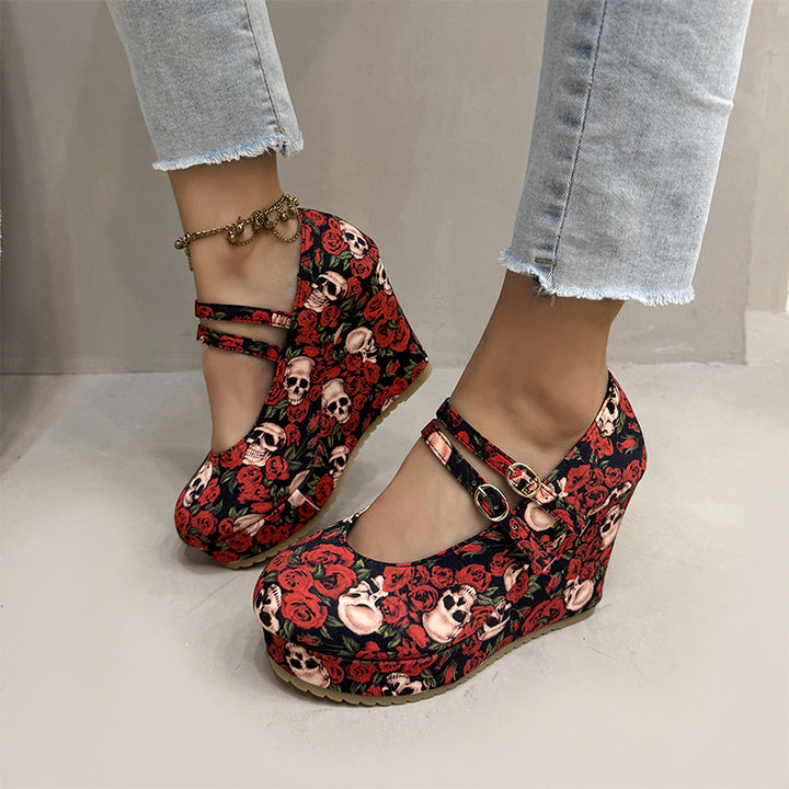 Skull Rose Print Platform Wedge Mary Jane Shoes