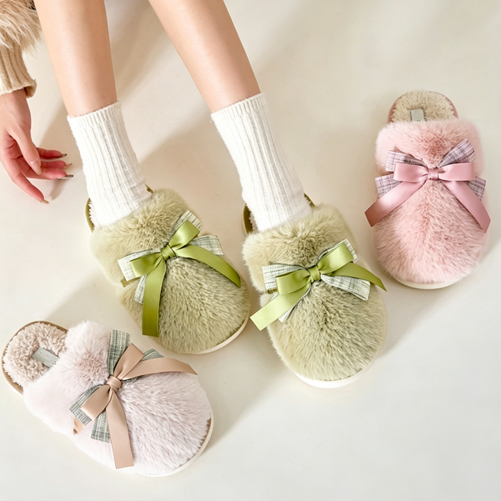 Plush Bow Cozy Slide Slippers