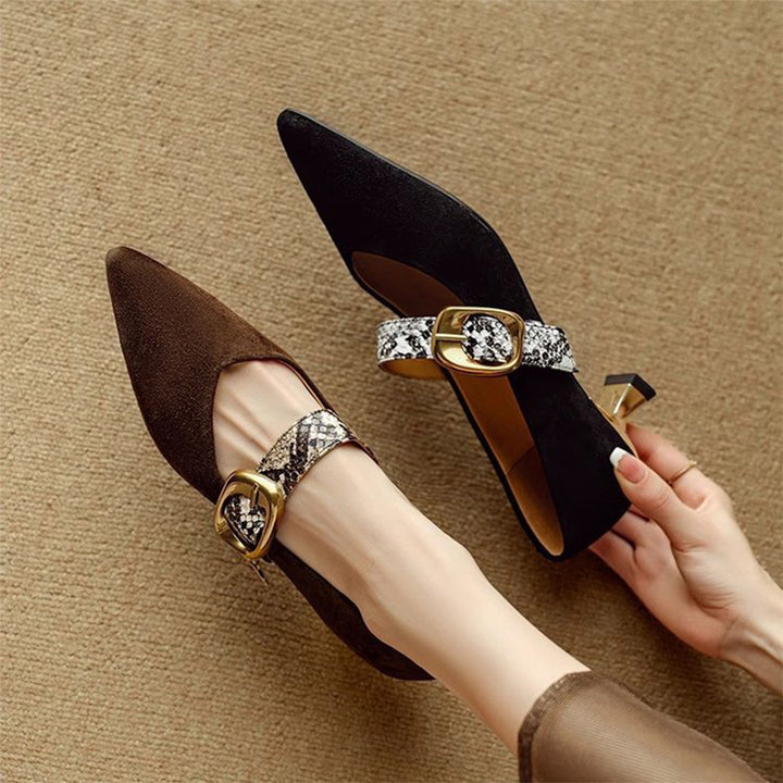 Snakeskin Buckle Pointed Toe Mule Heels