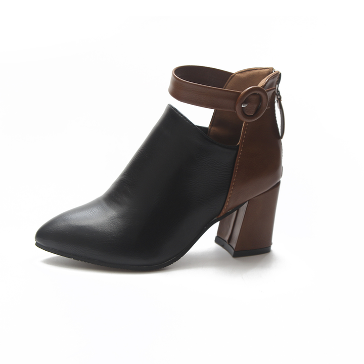 Two-Tone Buckle Block Heel Ankle Boots