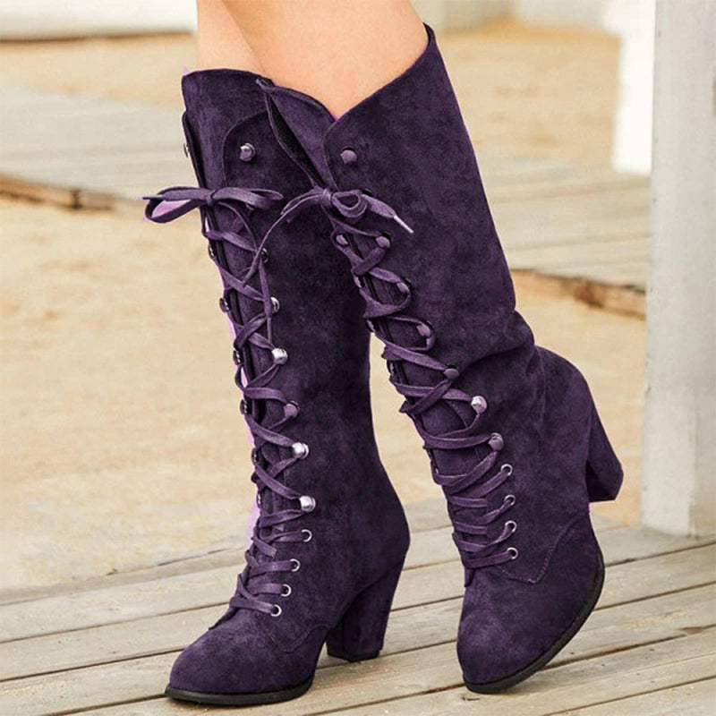 Vintage Lace-Up Suede Knee-High Boots