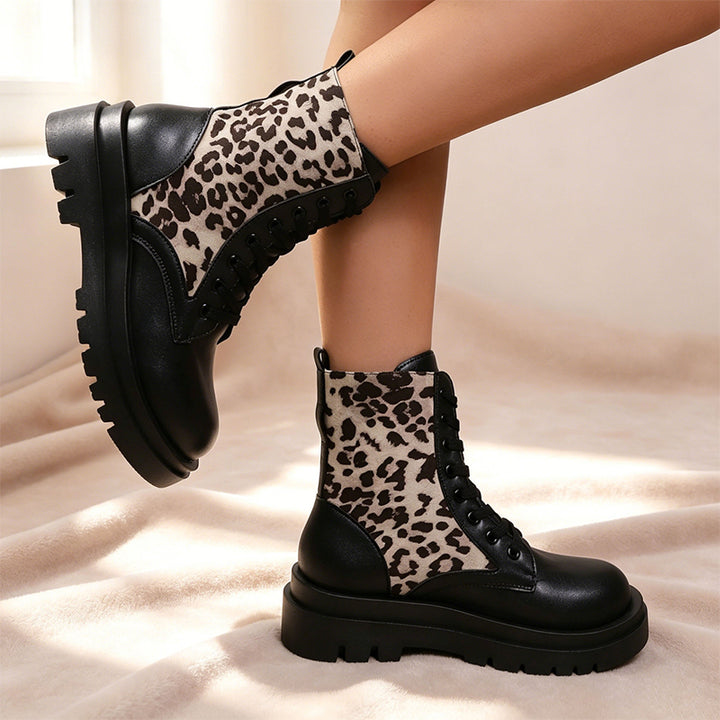 Leopard Print Lace-Up Platform Ankle Boots