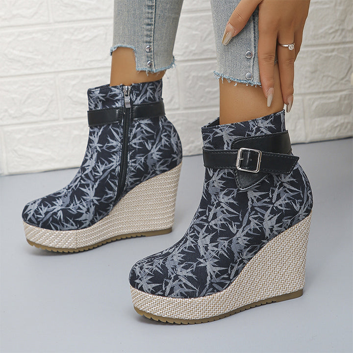 Vintage Floral Wedge Ankle Boots