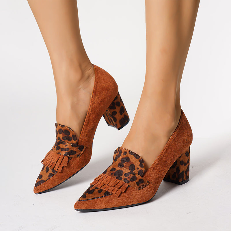 Leopard Print Fringe Block Heel Pumps