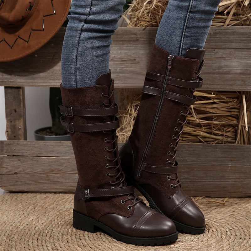 Vintage Denim Lace-Up Knee High Boots