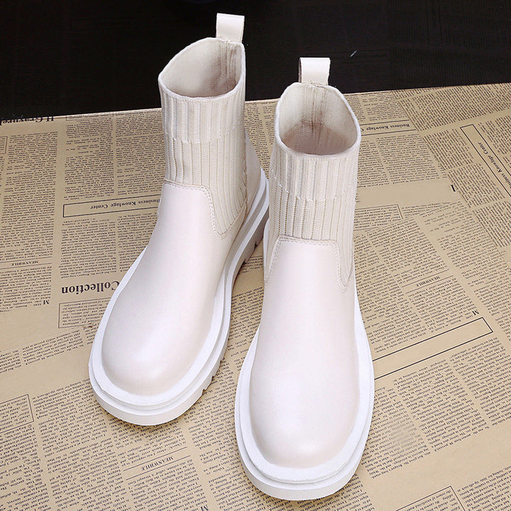 Knitted patchwork platform ankle boots