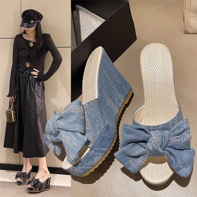 Denim Bow Wedge Slides