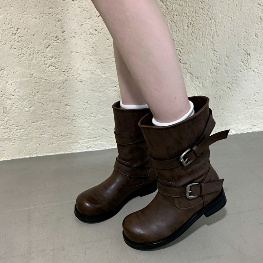 Vintage Double Buckle Mid-Calf Boots