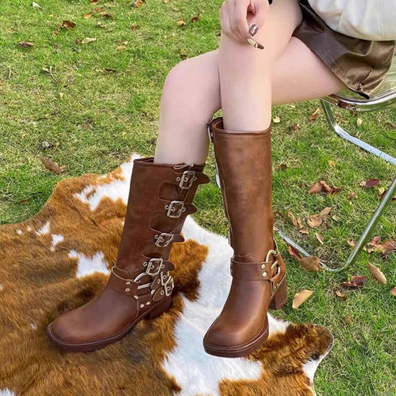 Vintage Multi-Buckle Knee-High Boots