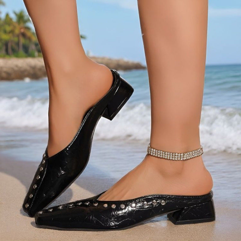 Rhinestone Square-Toe Mule Loafers