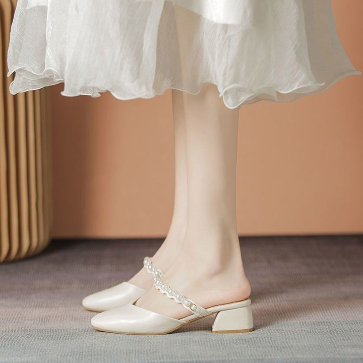 Pearl Strap Block Heel Mules