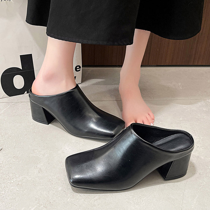 Square Toe Block Heel Mule Shoes