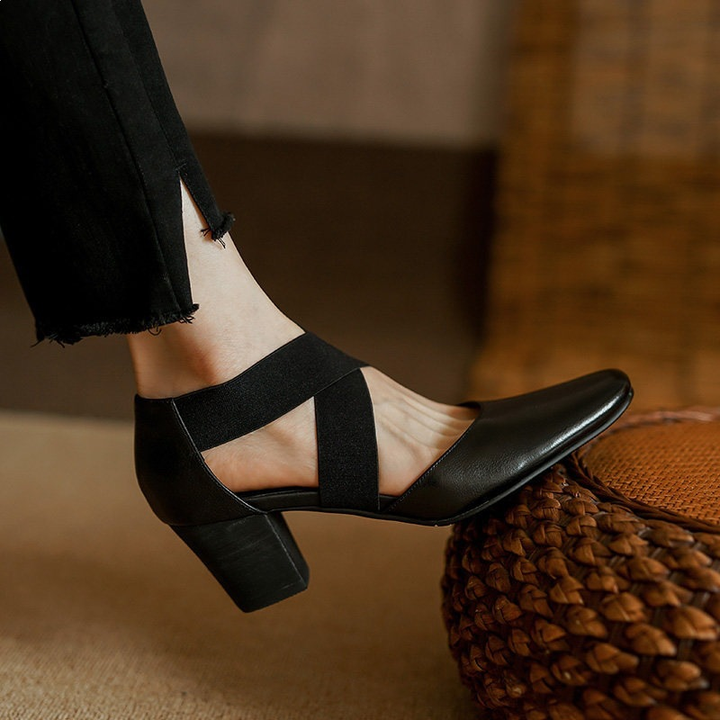 Elastic Strap Block Heel Pumps