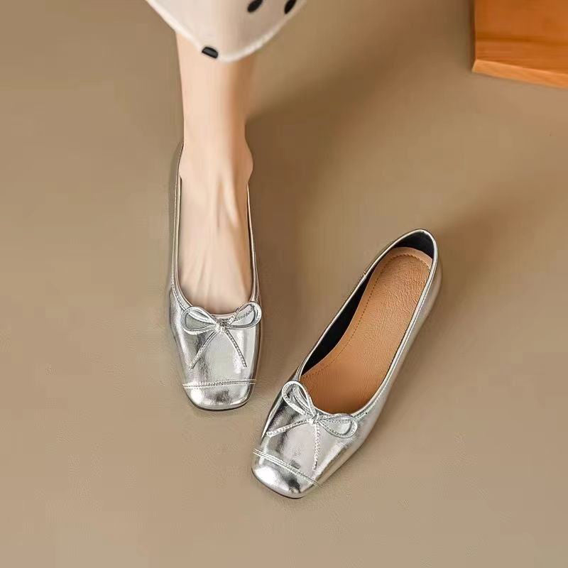 Metallic Silver Bow Square Toe Ballet Flats
