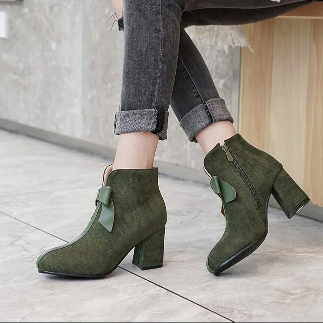 Bow Accent Block Heel Ankle Boots