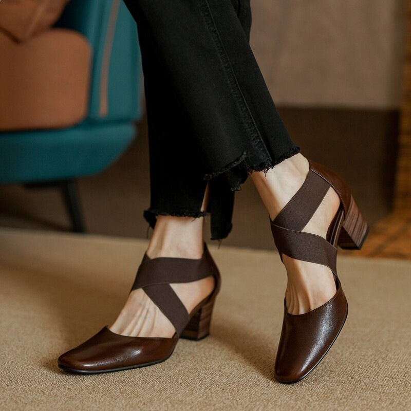 Elastic Strap Block Heel Pumps