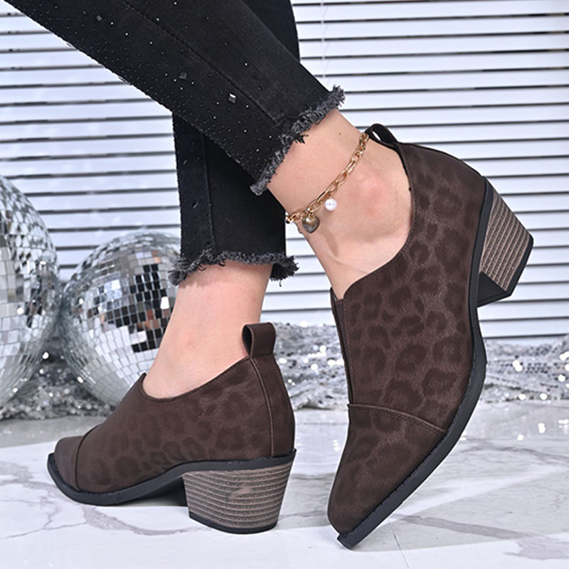 Leopard Print Pointed Toe Block Heel Shoes
