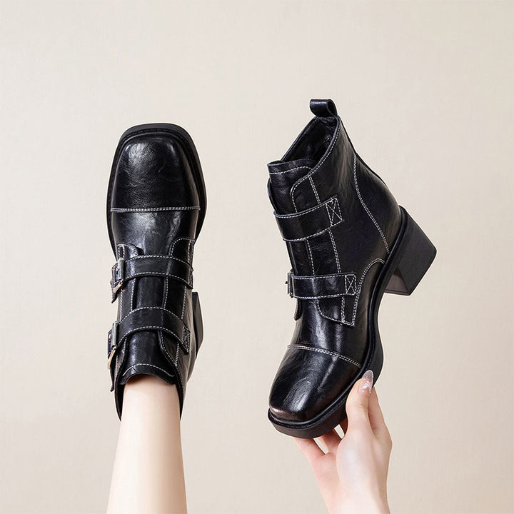 Double Buckle Block Heel Ankle Boots