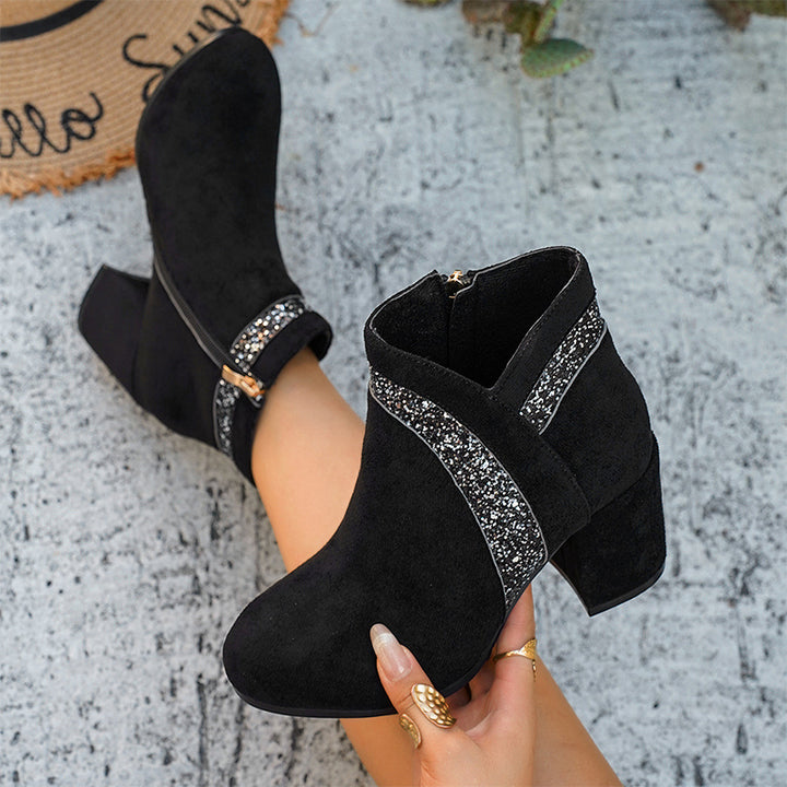 Glitter Accent Block Heel Ankle Boots