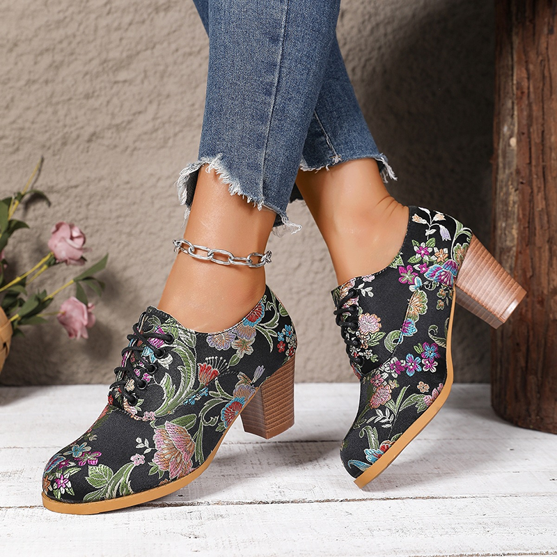 Floral Brocade Lace-Up Block Heel Pumps