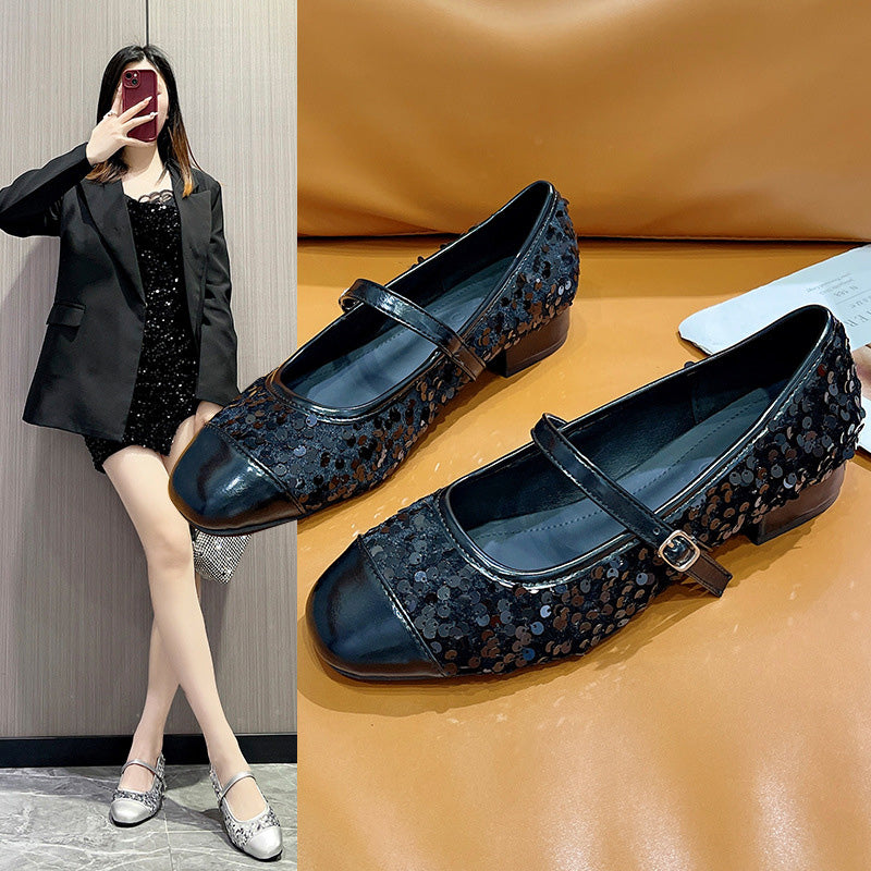Sequin Mary Jane Low Heel Pumps